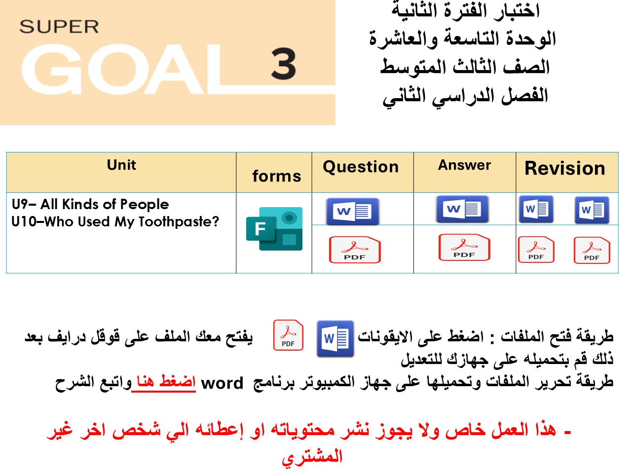 اختبار الفترة الثانية منهج Super Goal 3 الوحدات التاسعة والعاشرة أ الفصل الدراسي الثاني ورقي وفورمز + المراجعة